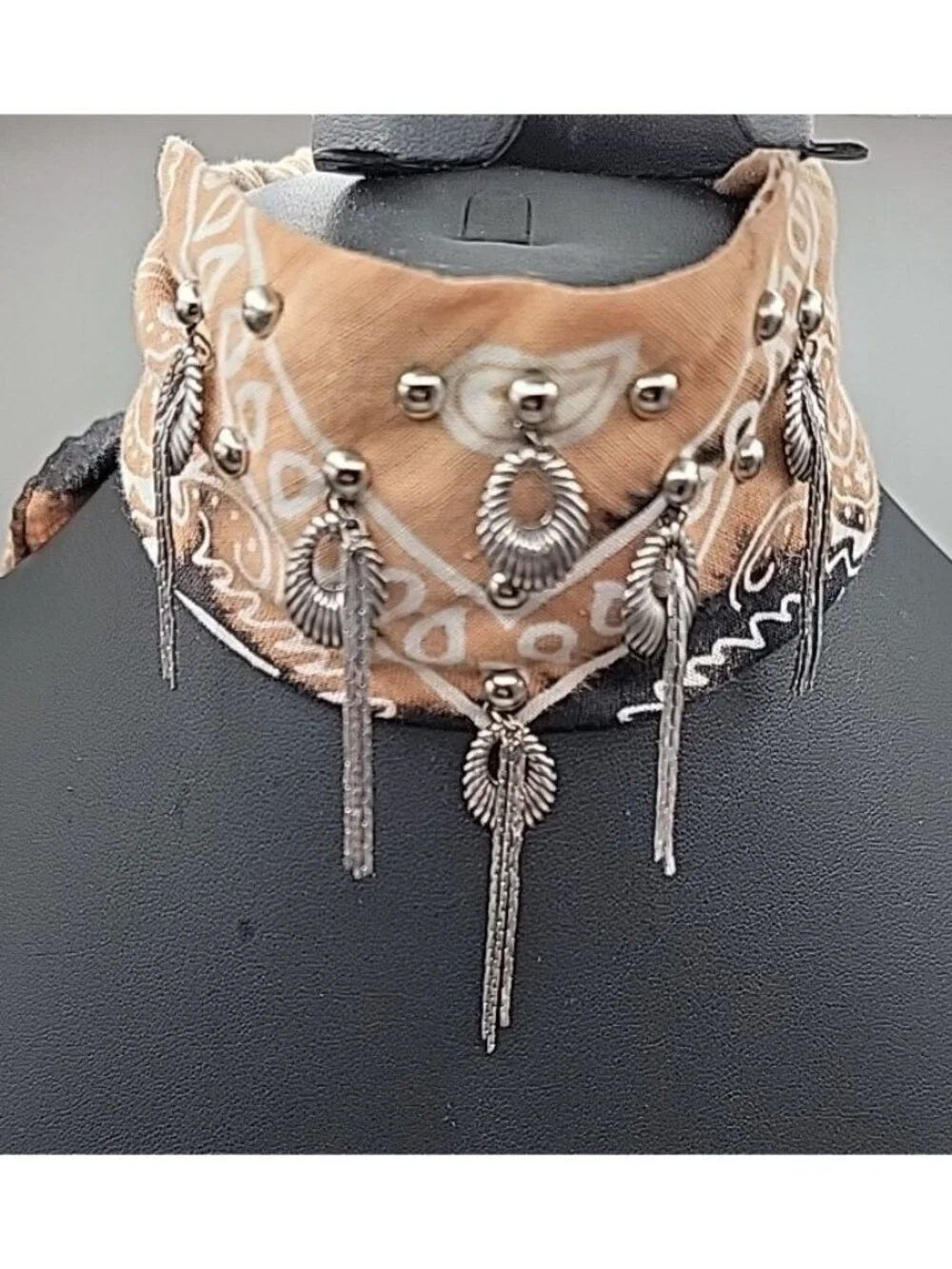 Dannijo Bandana Necklace Black Brown Print Silver Studs Fringe Boho Festival - Picture 1 of 13
